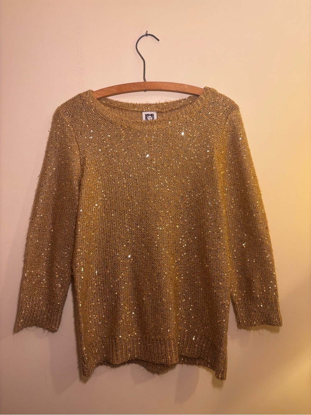 Anne Klein Sparkling Gold Sweater Pullover Sequin Crew Neck Sweater